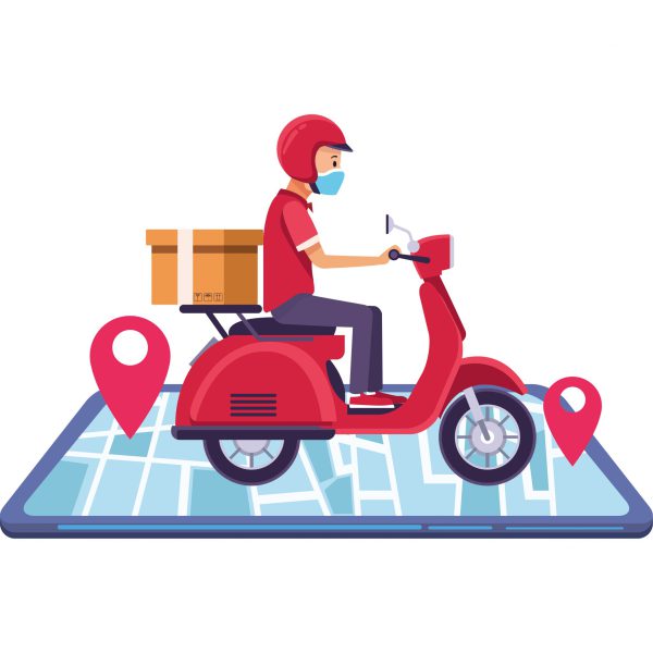 smartphone with delivery worker using face mask in motorcycle vector illustration design